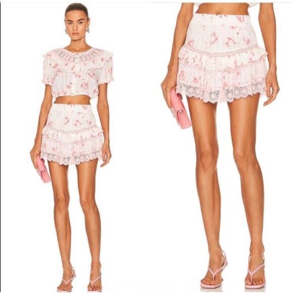 LoveShackFancy Dresses & Skirts - LoveShackFancy Tanisha Pink Lace Eyelet Mini Tiered Ruffle Floral Skirt S ($275)